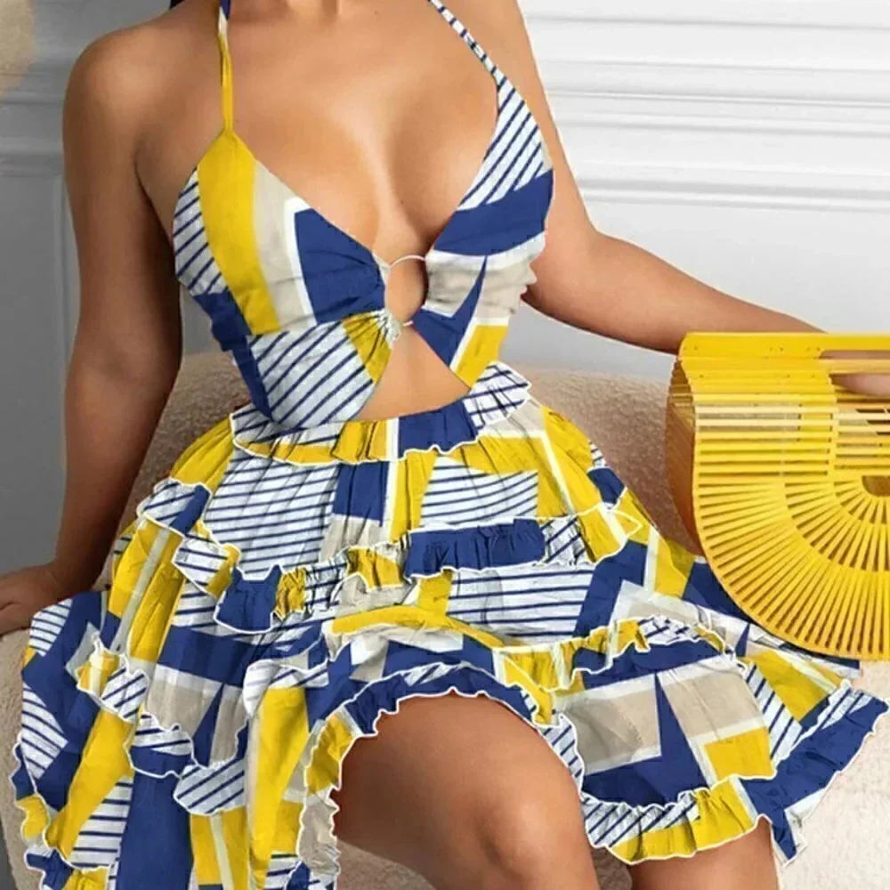 Women's Summer V Neck Hollow Ruffled Swing Dress Blue Yellow Gray